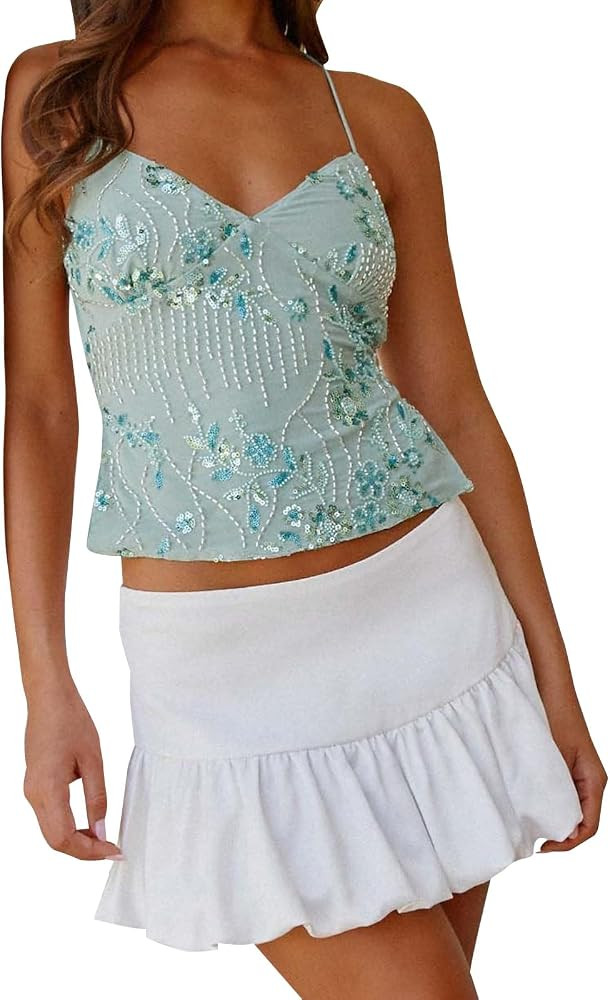 Womens Sequin Straps Camisole Top Y2k Backless Flower Beaded Going Out Top Clubwear | Amazon (US)