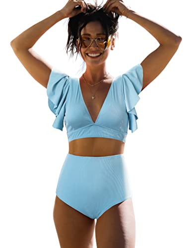 SPORLIKE Women Ruffle High Waist Swimsuit Two Pieces Push Up Tropical Print Bikini | Amazon (US)