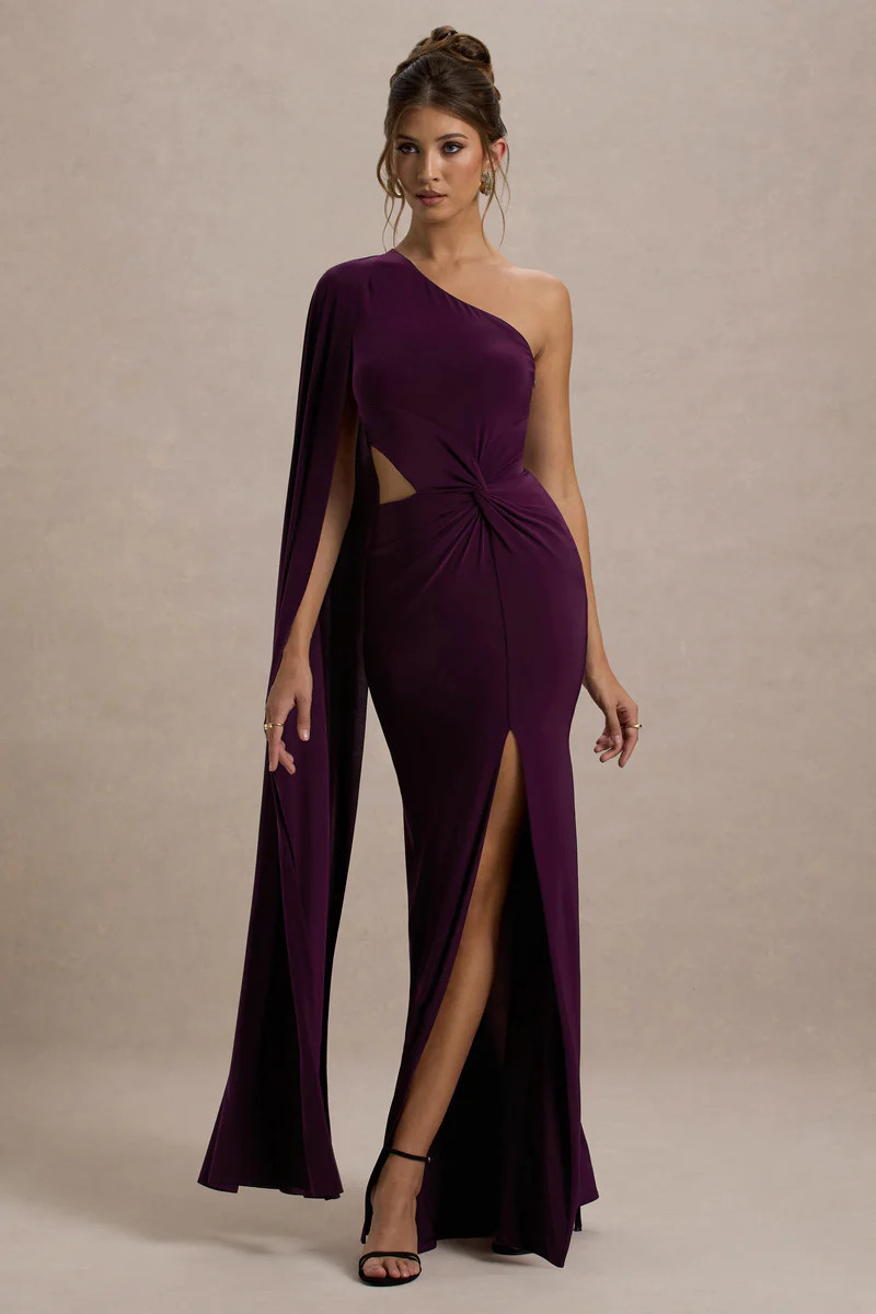 Brona  Plum One-Shoulder Cape-Sleeve Split Maxi Dress | Club L London
