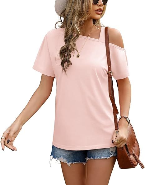 JINKESI Women's Short Sleeve Tunic Tops Casual Summer Cold Shoulder Blouse Shirts | Amazon (US)