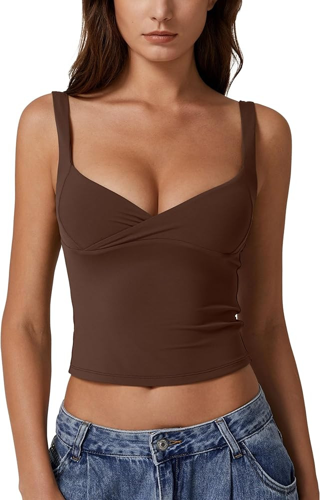 QINSEN Women's V Neck Tank Tops Double Lined Adjustable Strap Camisole Shirt | Amazon (US)
