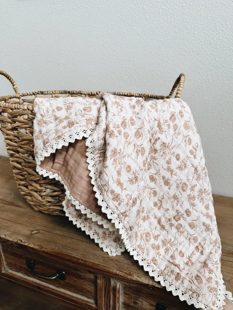 Vintage Floral Lace Muslin Organic Baby Blanket, Newborn Swaddle (47x47in) | Etsy (Global)