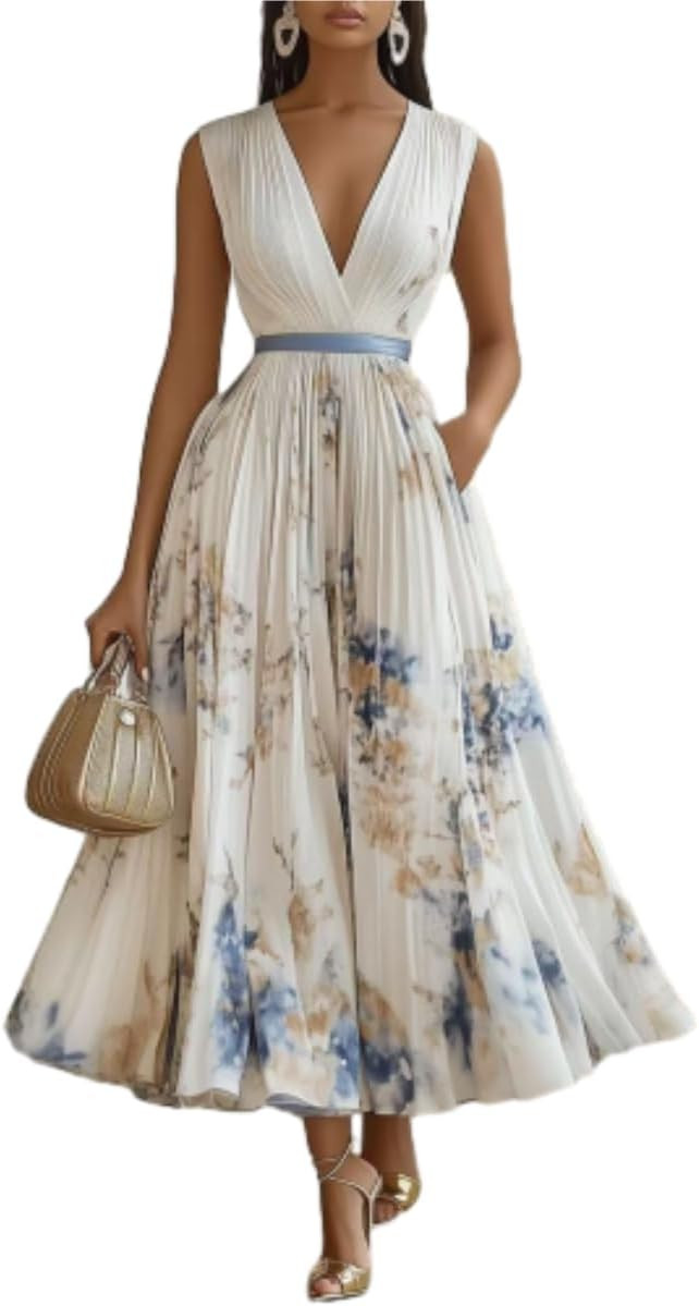 Women's Floral Midi Dress V Neck Sleeveless High Waist Pocket Casual Summer Party Dress | Amazon (US)