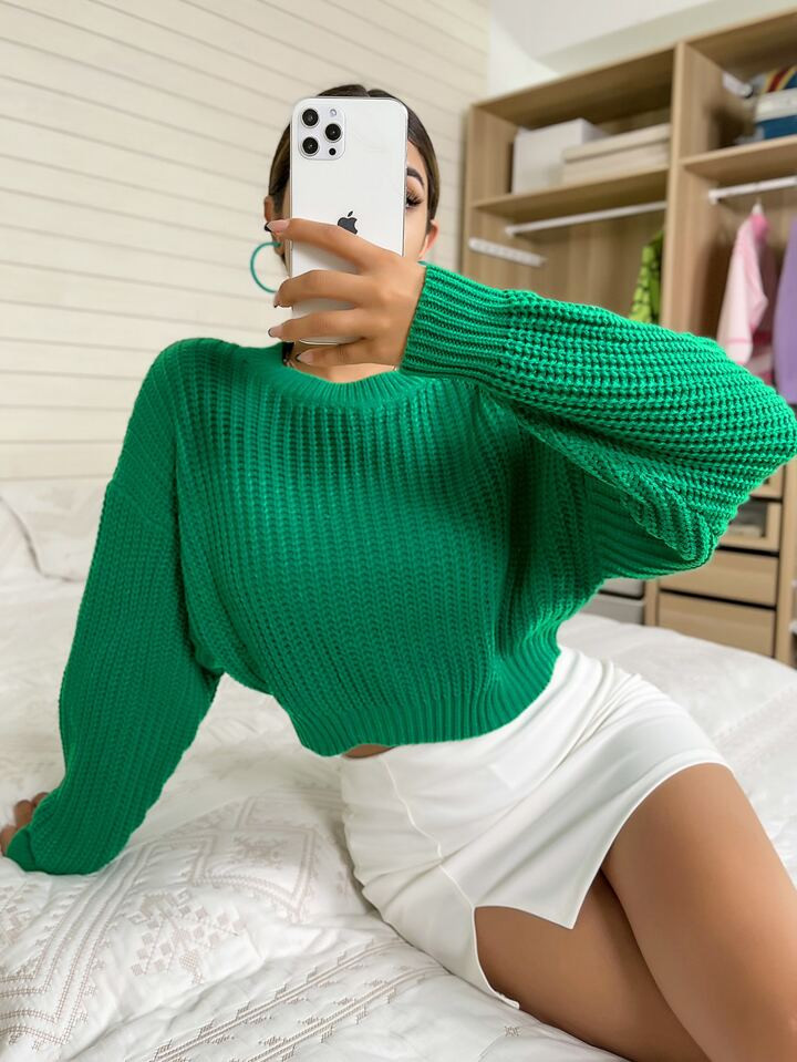 SHEIN Frenchy Solid Ribbed Knit Drop Shoulder Sweater | SHEIN