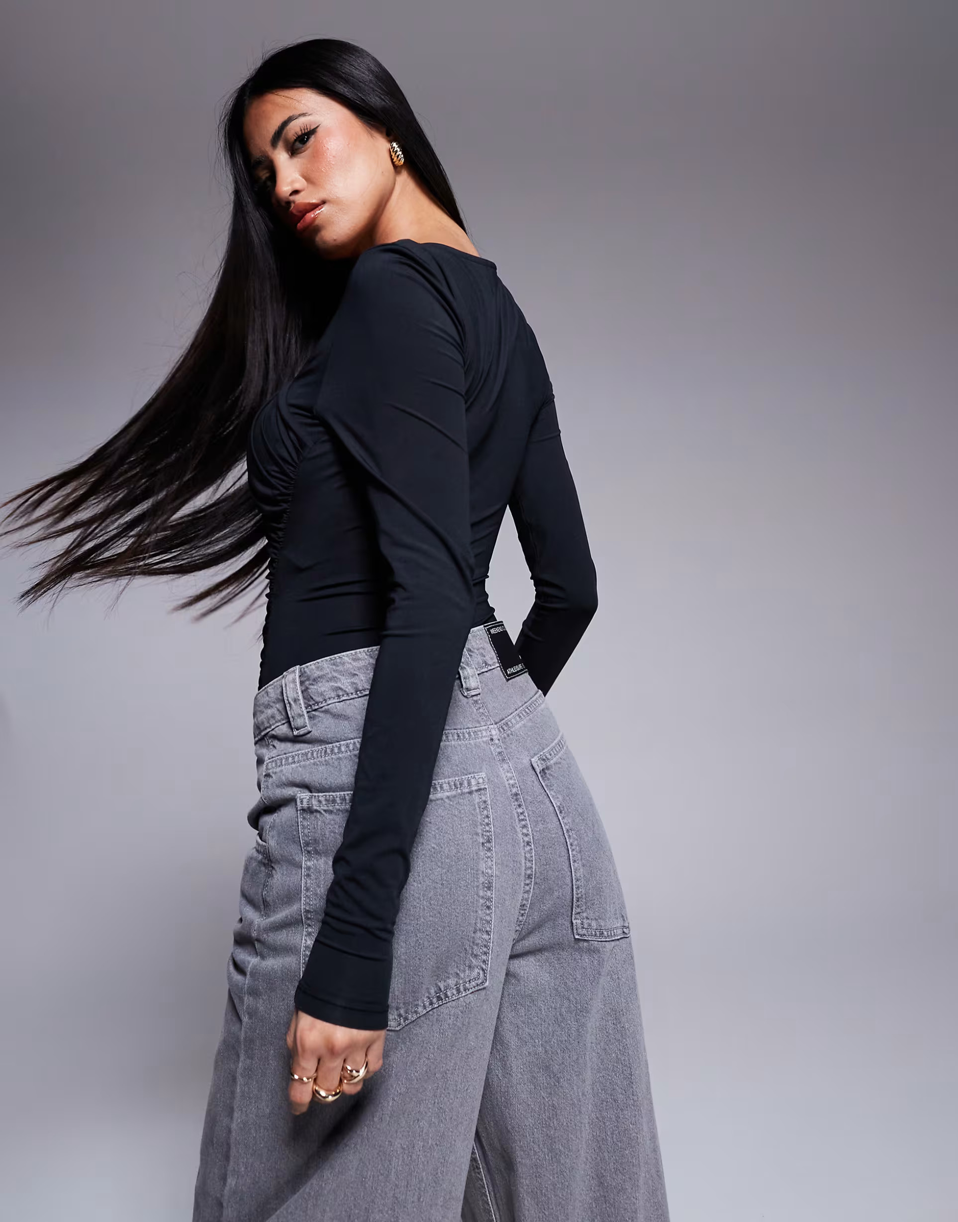 ASOS DESIGN slinky bodysuit with asymmetric neckline and draping in black | ASOS | ASOS (Global)