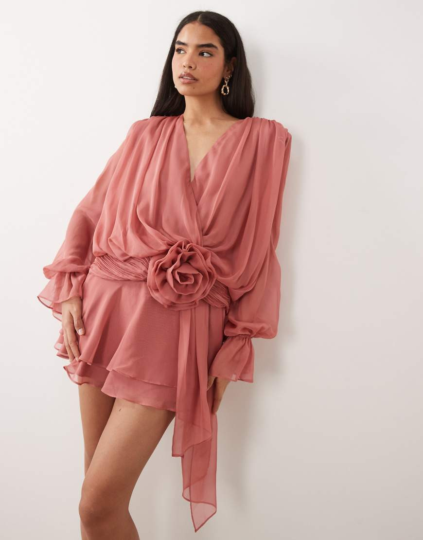 ASOS LUXE V neck skater dress with corsage waist detail in dusky rose-Pink | ASOS (Global)