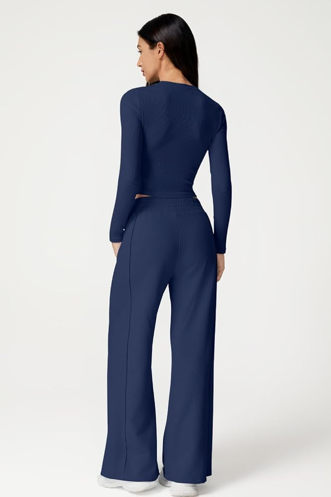 QINSEN Womens 2 Piece Sets Long Sleeve Slim Fit Crop Tops Wide Leg Pants Matching Lounge Set | Amazon (US)