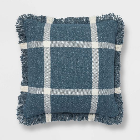 18"x18" Woven Plaid Square Throw Pillow with Fringe Navy/Cream - Threshold™ | Target