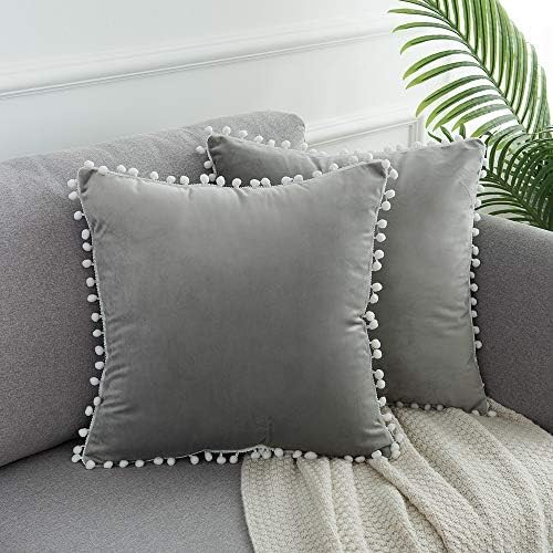 WLNUI Set of 2 Soft Velvet Grey Pillow Covers 18x18 Inch Square Decorative Cute Pom Poms Throw Pi... | Amazon (US)