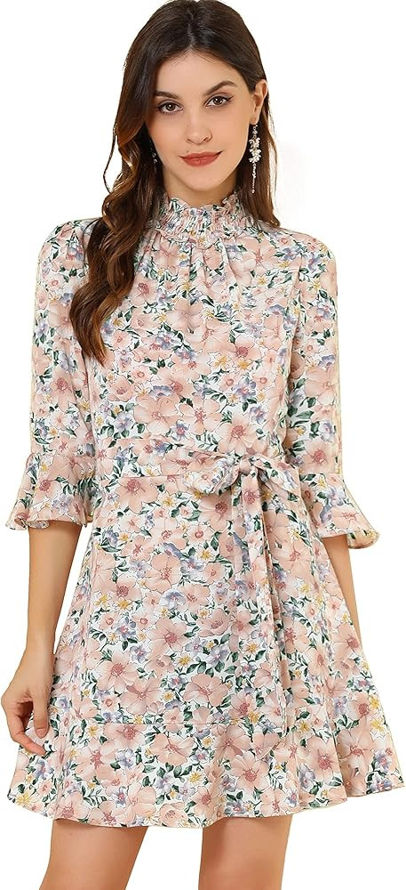 Allegra K Women's Floral 3/4 Bell Sleeve Smocked Belted Flare Ruffle Dress | Amazon (US)