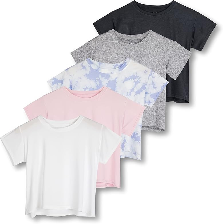 5 Pack: Women's Dry Fit Crop Top - Short Sleeve Crew Neck Stretch Athletic Tee (Available in Plus... | Amazon (US)