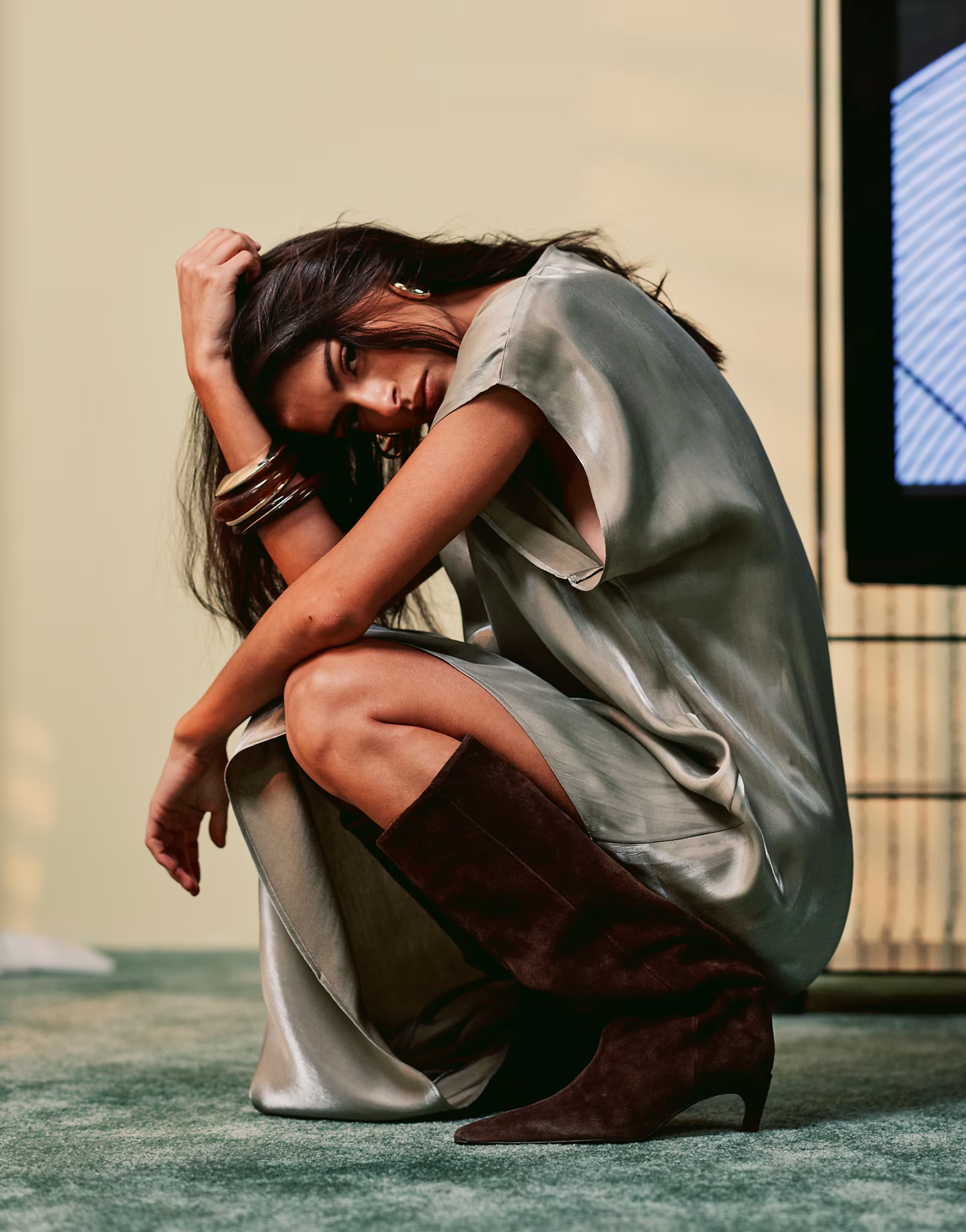 ASOS DESIGN Cleona premium leather kitten heel knee boots in chocolate suede | ASOS (Global)