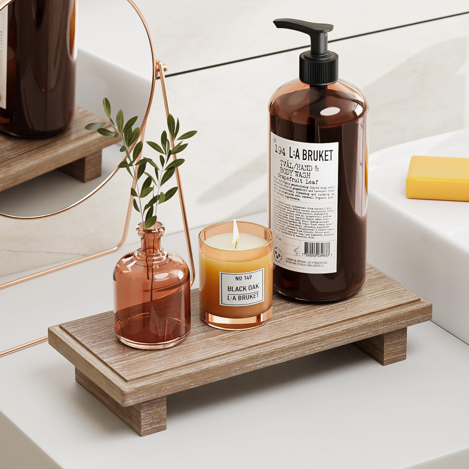 KLM Small Wood Tray Pedestal Stand Farmhouse Bathroom Decor Decorative Wooden Riser Kitchen Soap ... | Amazon (US)