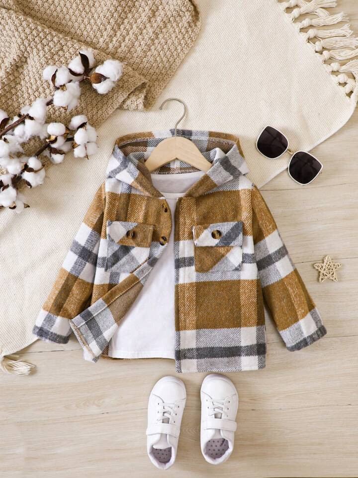 SHEIN Young Girl Plaid Print Flap Pocket Hooded Overcoat Without Tee | SHEIN