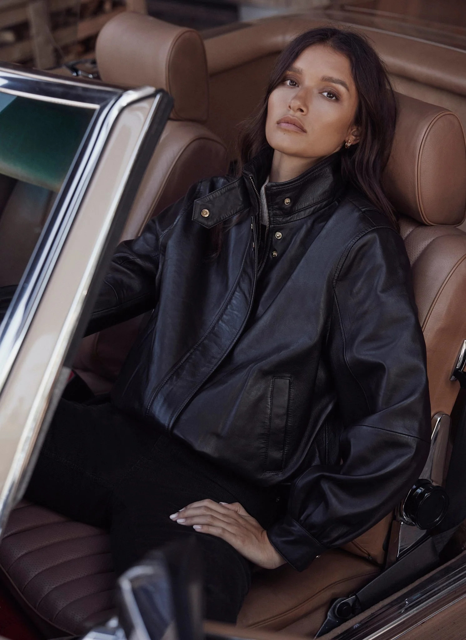 Brown Leather Ultimate Funnel Neck Bomber Jacket | Mint Velvet - ROW
