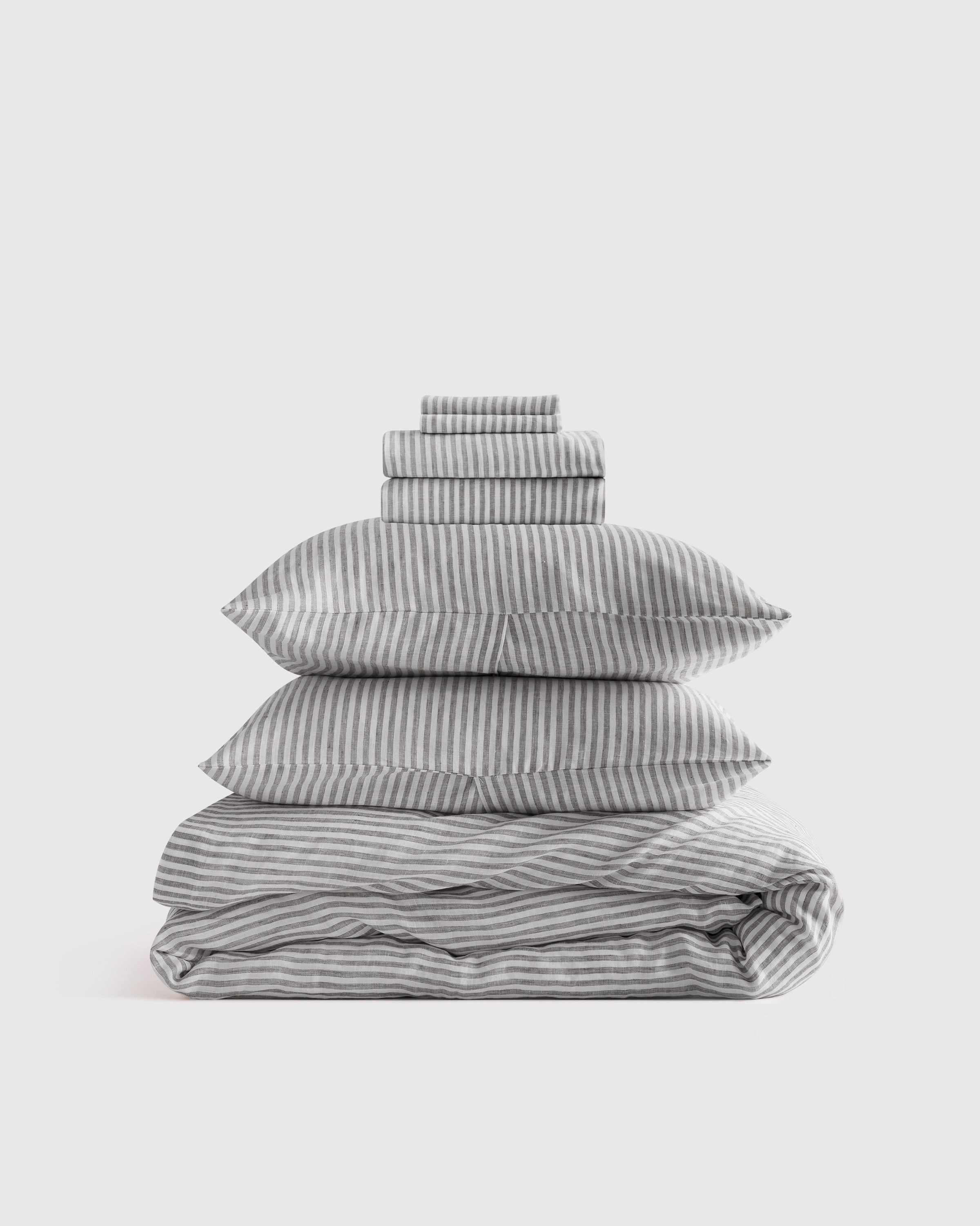 Quince | European Linen Duvet Deluxe Bundle in Grey/White Stripe, Size King | Quince
