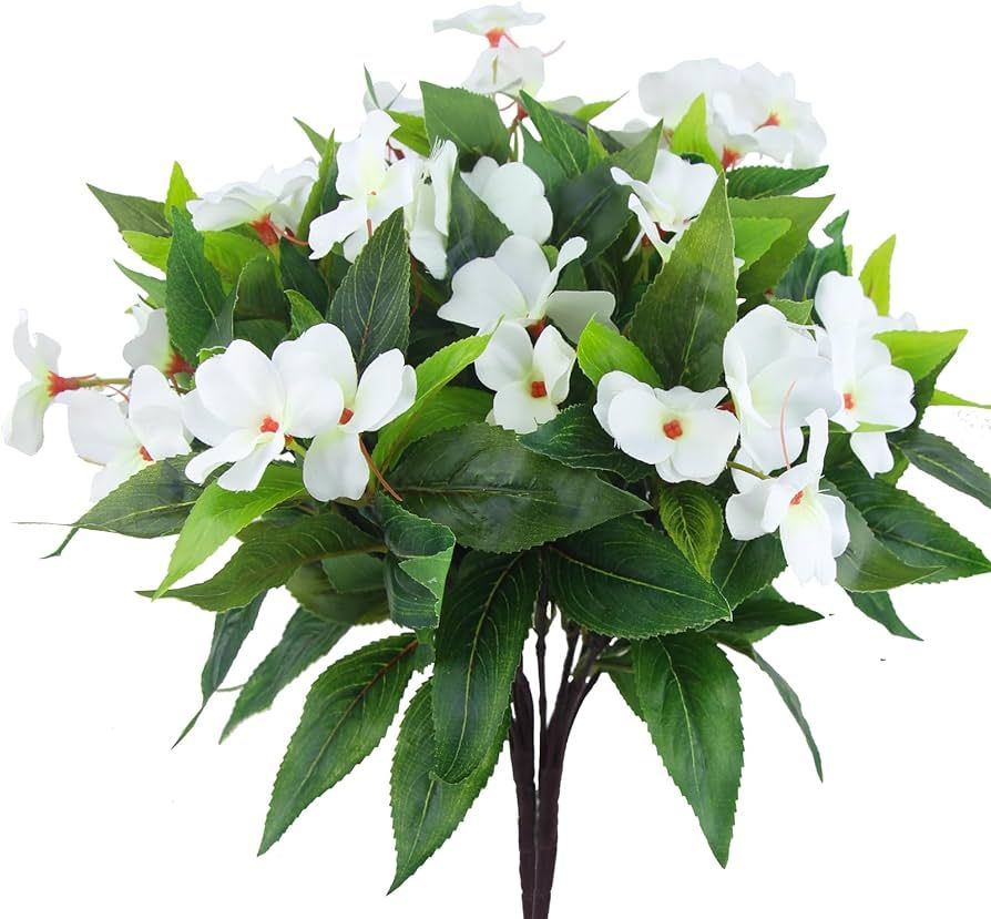 2 Pcs Artificial Impatiens Flowers for Outdoors Faux Impatiens Bushes White Silk Flowers Greenery... | Amazon (US)