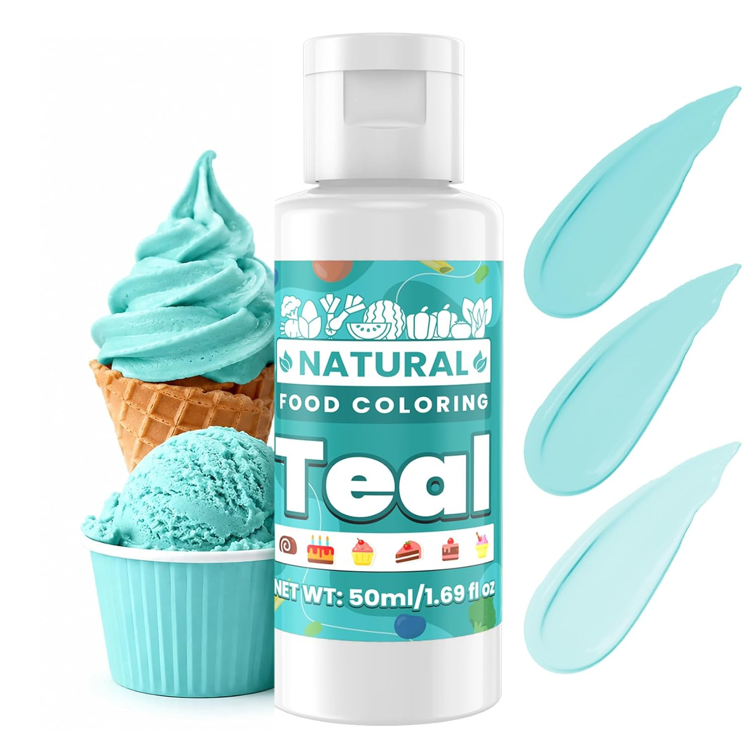 Teal Natural Food Coloring - 50ml Plant Based Food Dye, No FD&C & Artificial Dyes, Gluten-Free, Food-Grade, Vibrant Liquid Colors for Icing, Baking, Cake Decorating, Frosting, Fondant, Slime - 1.69 Fl.Oz Bottles | Amazon (US)