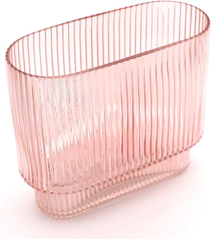 Ribbed Glass Vase, Pink Glass Vase, Short Flower Vase for Centerpieces, Fluted Glass Vase for Liv... | Amazon (US)