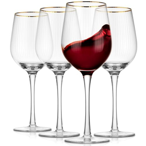 Royalrose Premium Cheerfull Wine Glasses, 14.2 oz Hand-Blown Glasses with Gold Rim, Fluted Design, Elegant Gift Packaging, Perfect for Special Occasions (4) | Amazon (US)