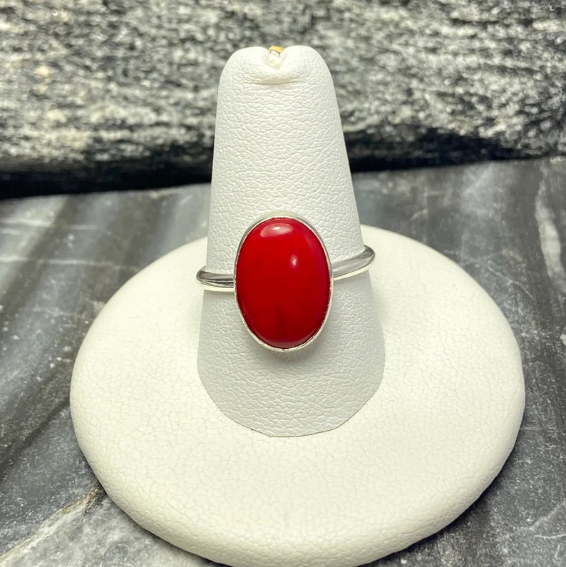 Large Red Coral Statement Ring/10mmx14mm Oval Cocktail Ring/handmade Jewelry/made in USA - Etsy | Etsy (US)