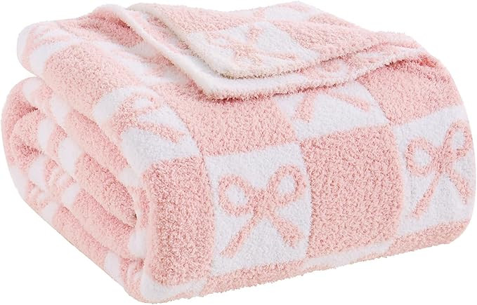 YIRUIO Checkered Knit Throw Blanket Pink with Bow Pattern 50x60 Inches Soft Microfiber Lightweigh... | Amazon (US)