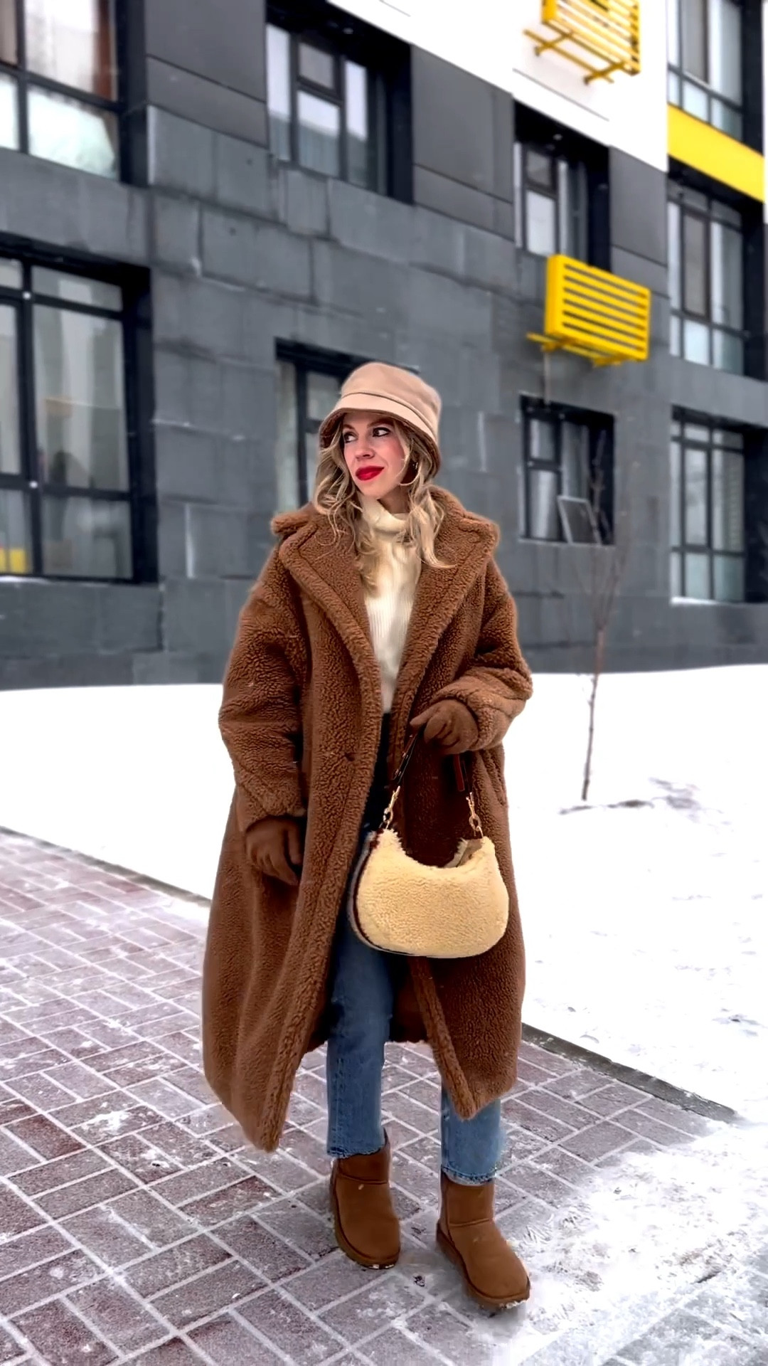 Teddy coat winter outfit, shearling bucket hat, Max Mara teddy coat, shearling handbag, cozy style 

#LTKSeasonal #LTKSaleAlert #LTKOver40