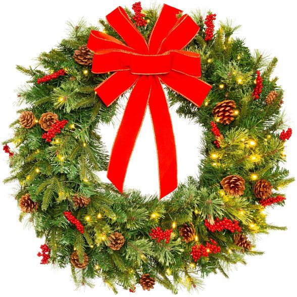 Best Choice Products Pre-Lit Battery Powered Christmas Wreath Decoration w/ PVC Tips, Ribbons | Target