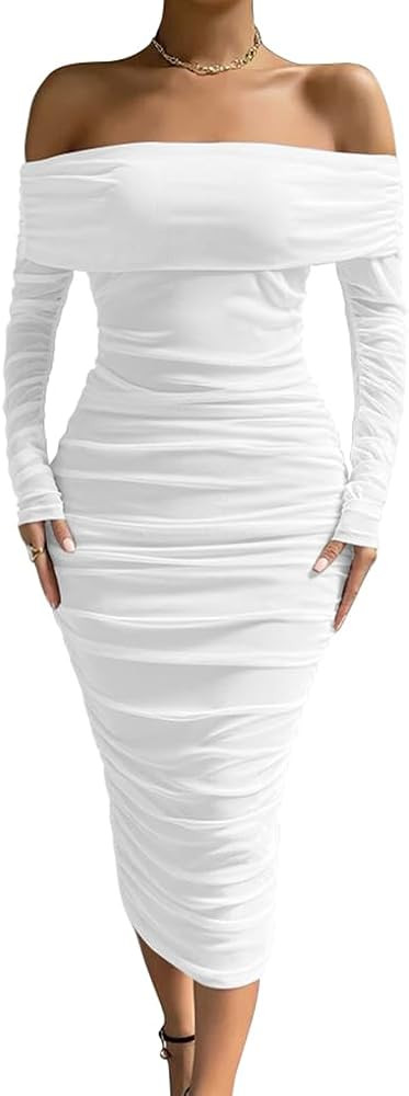 LAGSHIAN Women Sexy Off Shoulder Long Sleeve Bodycon Ruched Midi Elegant Cocktail Party Dress | Amazon (US)