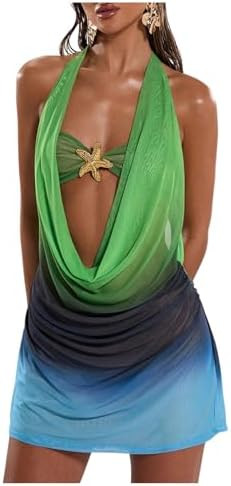 SOLY HUX Women's Y2k Halter Mini Dress Ombre Deep Cowl Neck Backless Bodycon Beach Dresses Vacati... | Amazon (US)