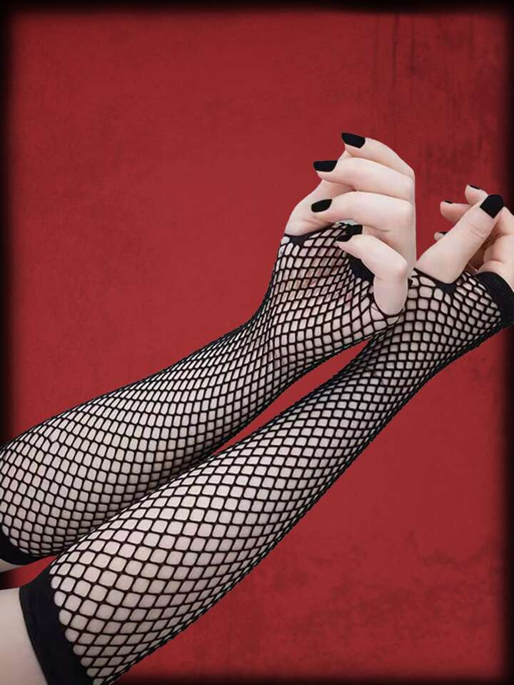 ROMWE Grunge Punk Solid Fishnet Long Fingerless Gloves | SHEIN