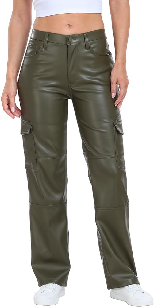HDE Women's Faux Leather Cargo Pants with Pockets High Waisted Y2K Relaxed Pant | Amazon (US)