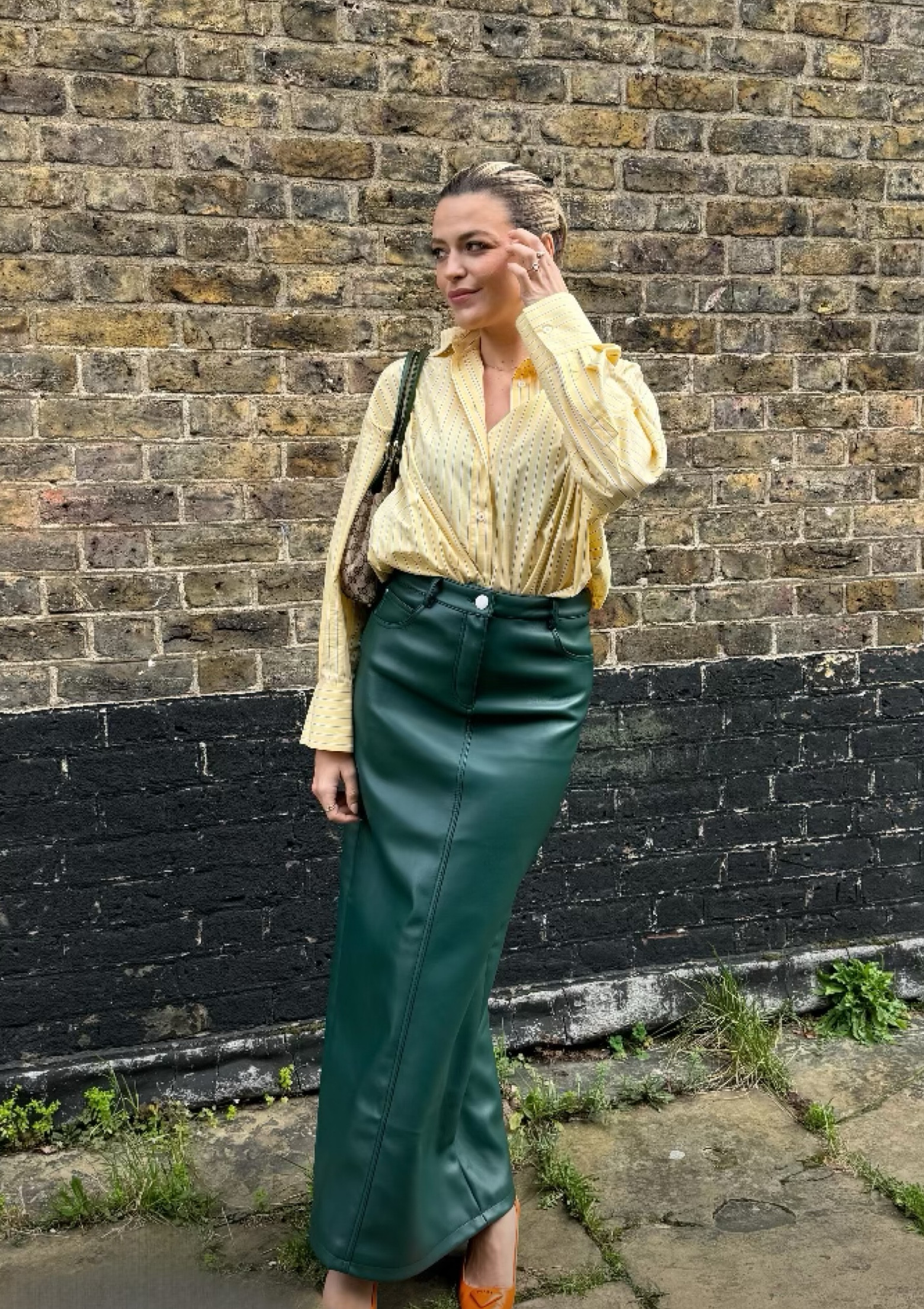 Nasty gal, Asos, Topshop, Prada, Farfetch, Prada, 4th & reckless, transitional outfit, transitional style, spring outfit, spring fashion, faux leather skirt, green maxi skirt, yellow pinstripe shirt, oversized shirt, orange heels, slingback heels, Gucci bag, spring outfit ideas, style inspiration 

#LTKeurope #LTKSeasonal #LTKstyletip