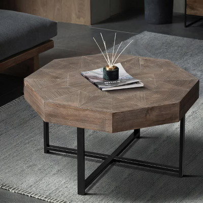 Octagonal Coffee Table, Vintage Patchwork Wood Side Table, Farmhouse Sofa Table with Cross Metal Legs for Living Room, Reception Room,Antique brown | Target