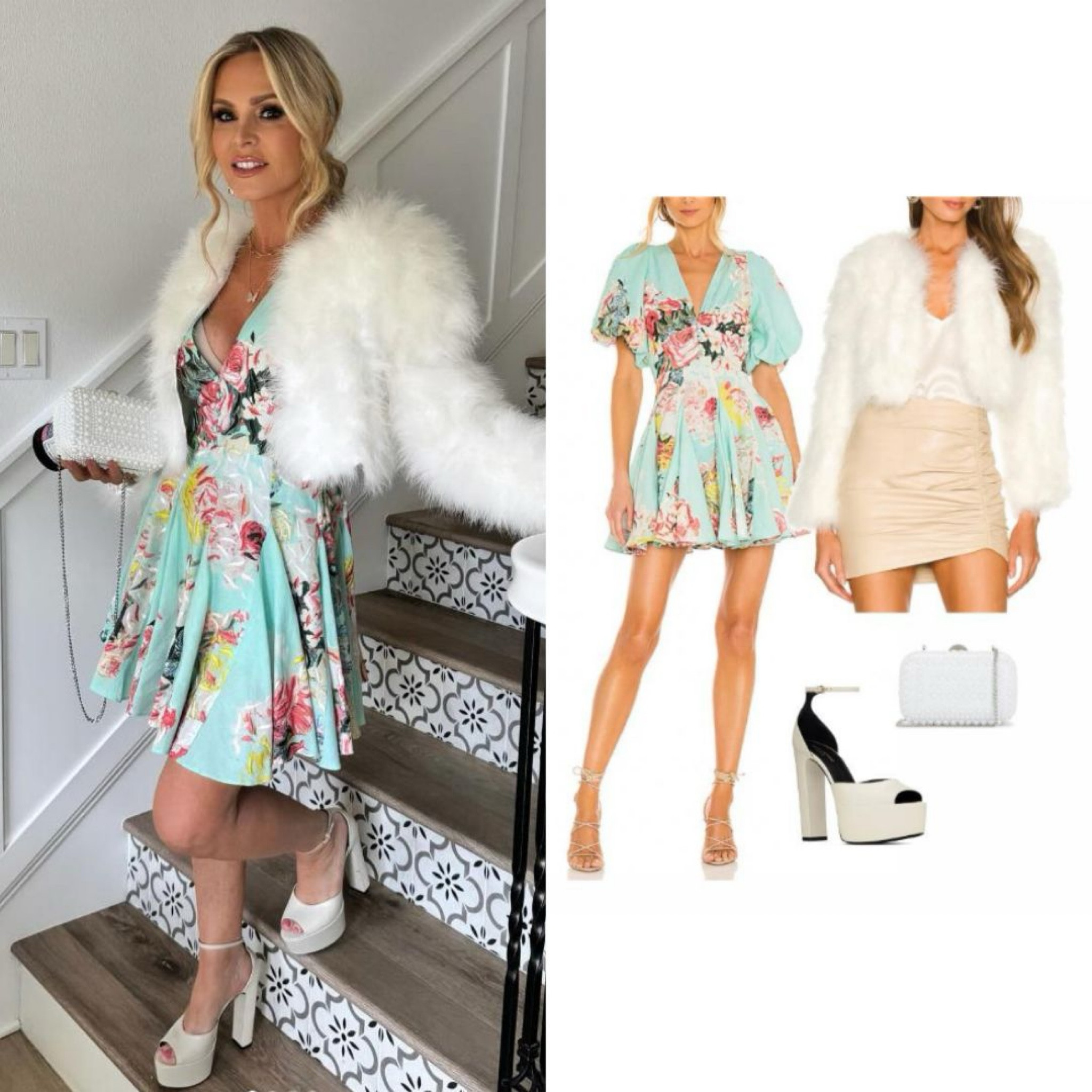 Tamra Judge’s Turquoise Floral Dress, White Feather Jacket, Pearl Clutch and White Platform Sandals 📷 + info = @tamrajudge