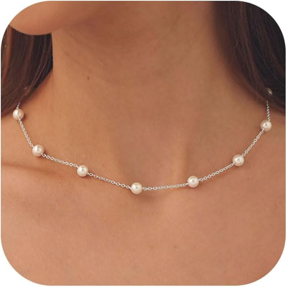 HANLI Gold Pearl Necklace 14K Gold Plated Dainty Pearl Necklace Freshwater Single Pearl Necklace ... | Amazon (US)