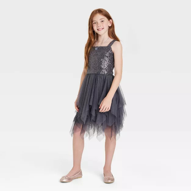 Girls' Sequin Tiered Tulle Dress - Cat & Jack™ Charcoal Gray | Target