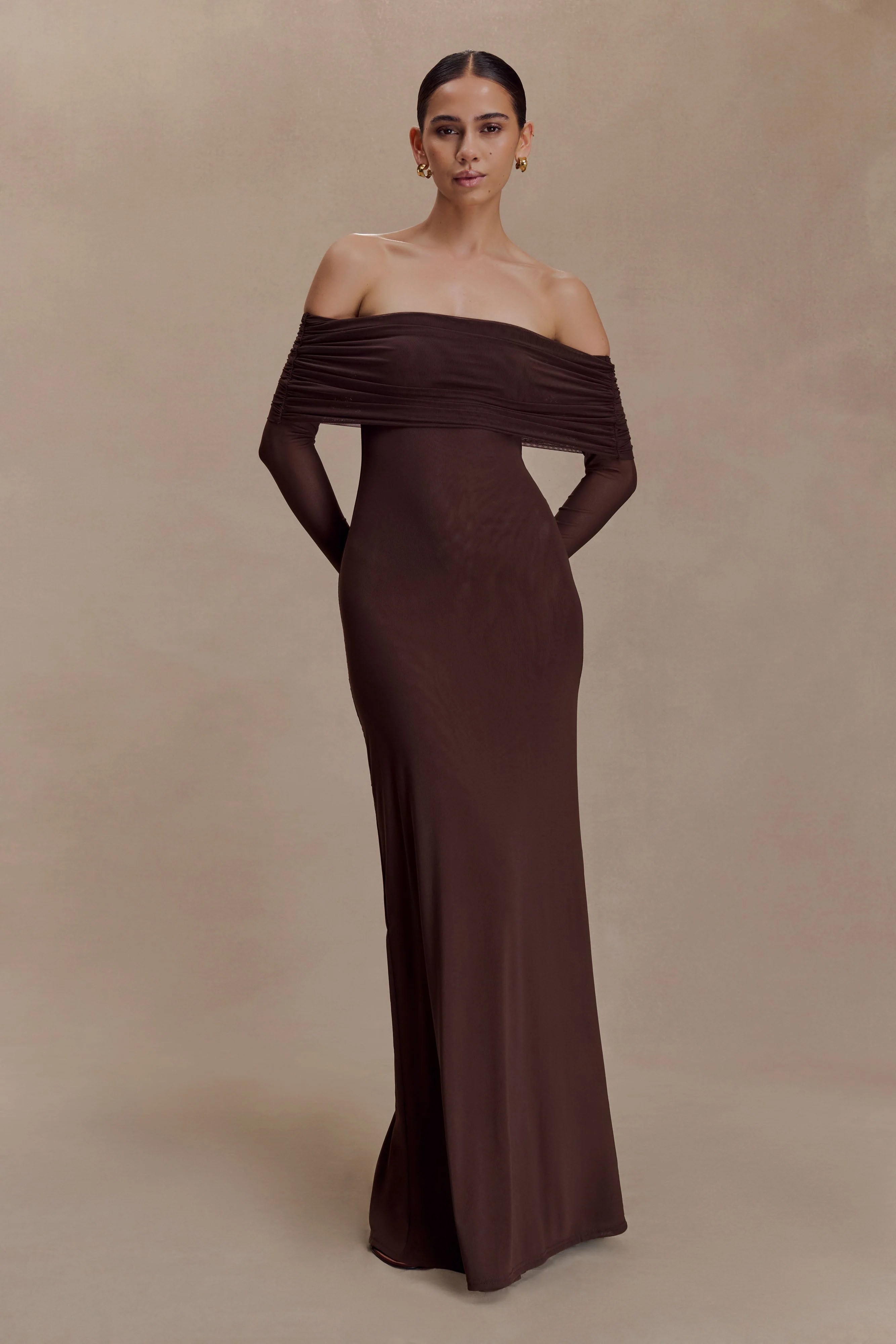 Josie Off Shoulder Mesh Maxi Dress - Dark Brown | Meshki UK