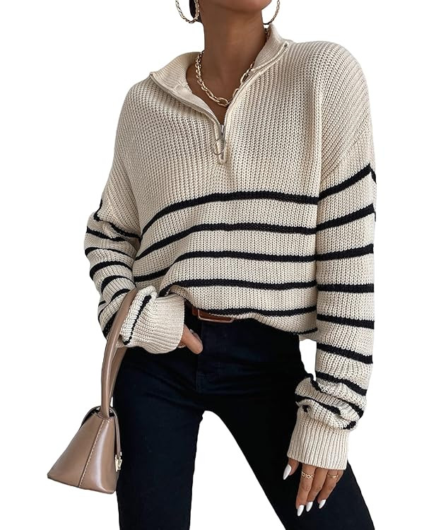 MakeMeChic Women's Casual Striped Half Zip Up Drop Shoulder Long Sleeve Sweater Pullover Top | Amazon (US)