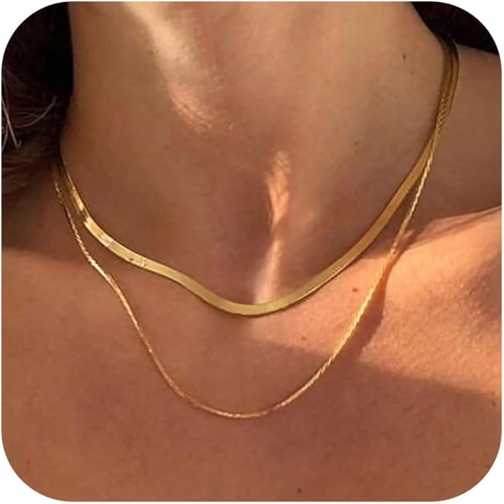 Tewiky Herringbone Necklace for Women Dainty 14k Gold Snake Chain Necklace Layered Gold Herringbo... | Amazon (US)