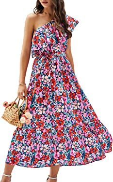 BTFBM Women's One Shoulder Maxi Dress Sleeveless Casual Summer Layered Ruffle Boho Floral Print P... | Amazon (US)