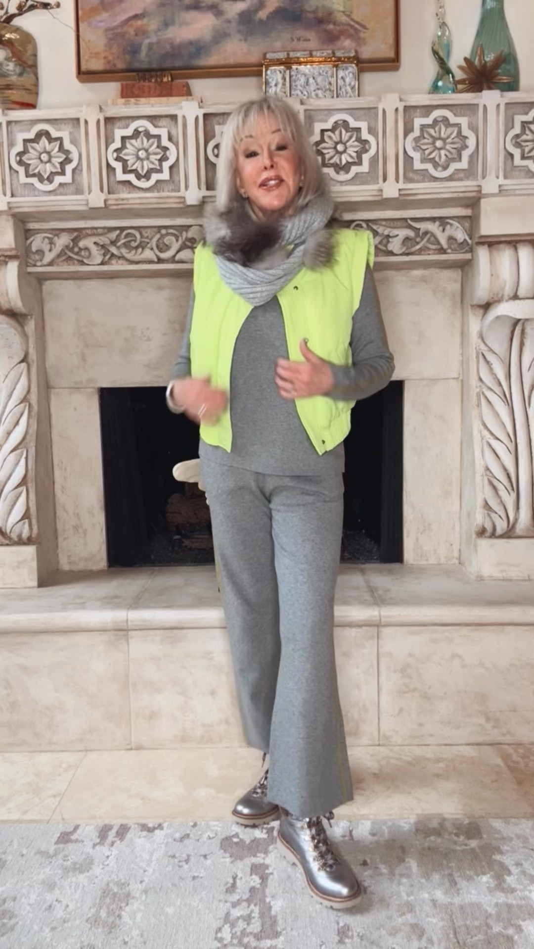 Ainangua Women Cropped Puffer Vest Button Sleeveless Light Jacket Scrunch Stand Collar Essentials Gilet with Pockets
Comes in many colors. Wearing a small so it runs TTS Sometimes I wear a medium. 
Chico’s Zenergy side stripe sweater knit ankle pants. Wearing a 0 in Chico’s unique sizing
Zenergy lux side stripe sweater knit long sleeve sweater knit top. Wearing a size 0
Added a silver gray fur trimmed scarf
Silver waterproof lace up faux fur trimmed bootie. Runs tts So comfortable
Over 50 style 
Midlife style
Travel style 

#LTKSaleAlert #LTKTravel #LTKFindsUnder100