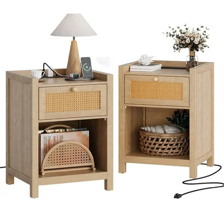 LGHM Nightstand Set of 2 with Charging Station, Farmhouse Bedside Tables Night Stands with Drawer... | Walmart (US)