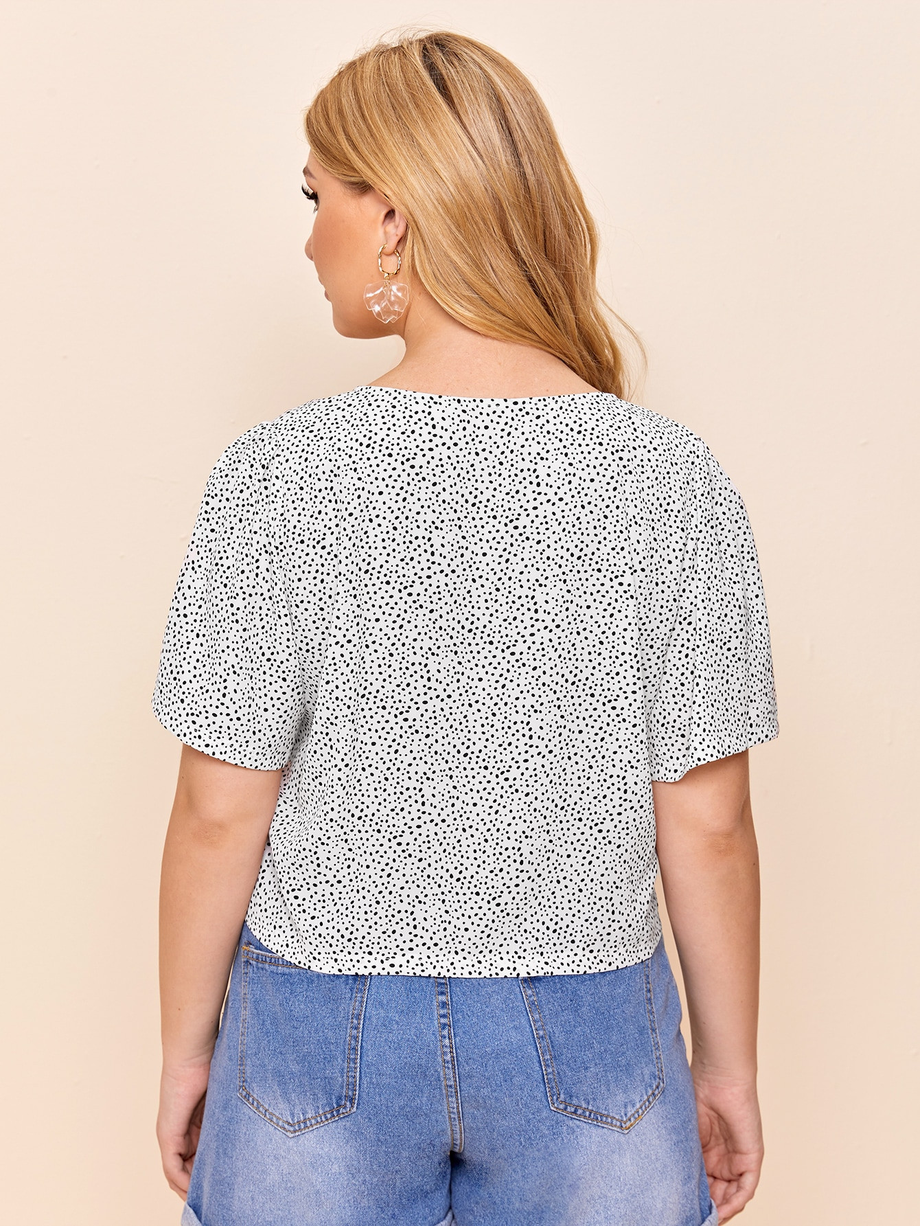 Plus Dalmatian Print Pearl Button Blouse | SHEIN