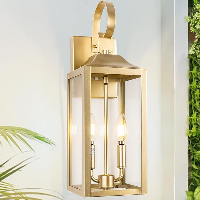 19" Gold Outdoor Wall Lantern 2-Light, Large Modern Wall Sconce Light Fixture, Industrial Porch L... | Amazon (US)