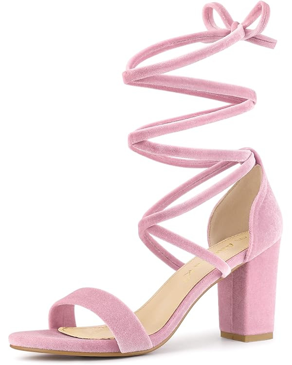 Allegra K Women's Faux Velvet Lace Up Chunky Heel Strappy Sandals | Amazon (US)