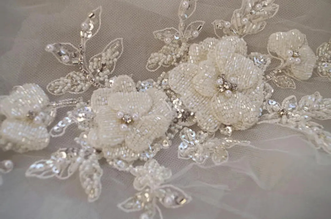 Deluxe Bead Applique, Heavy Bead Handmade Applique With Rhinestone, Bridal Headpiece, Camellia Be... | Etsy (US)