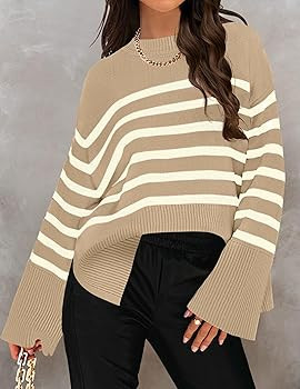 ZESICA Women's 2025 Fall Winter Striped Long Sleeve Crew Neck Ribbed Knit Side Slit Oversized Pul... | Amazon (US)