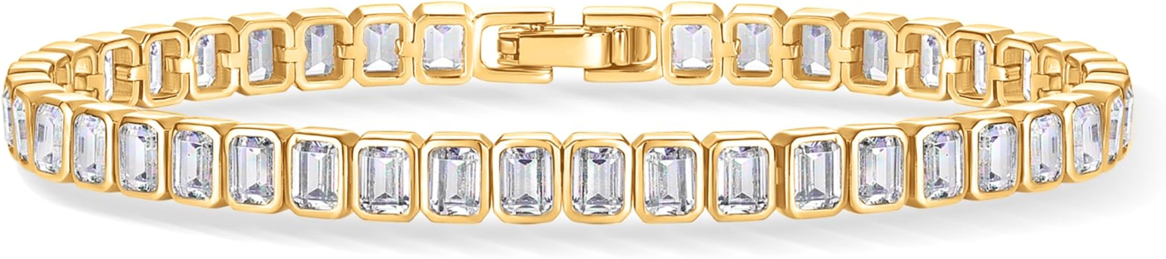 Amazon.com: PAVOI 14K Yellow Gold Plated Emerald-Cut Cubic Zirconia Bezel Set Tennis Bracelet for... | Amazon (US)