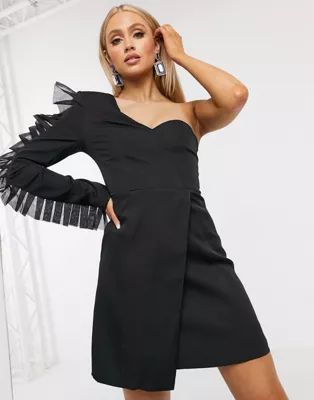 Club L London one shoulder blazer dress with organza frill detail in black | ASOS (Global)